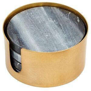 New Mud Pie black marble coaster set in gold container